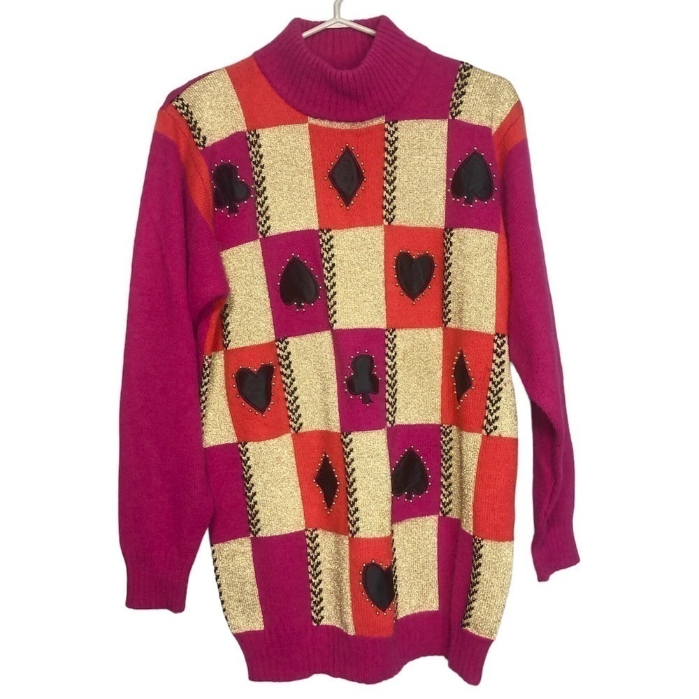 Vintage Wool Angora Patchwork Card Suits Beaded Mock Neck Sweater, size 40 (M/L)